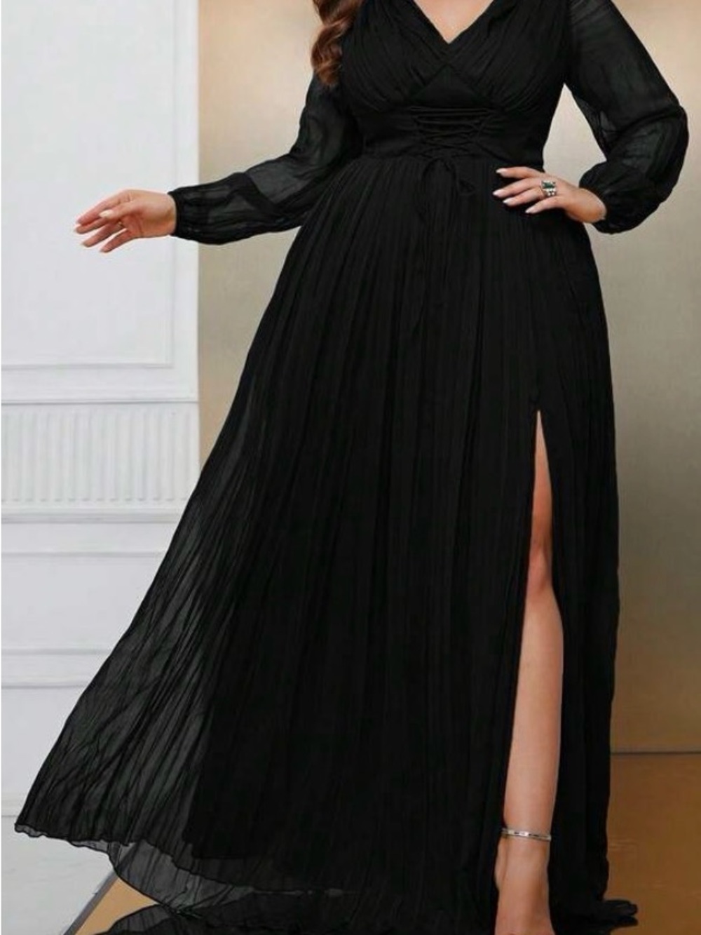 SHEIN Black Long Sleeve Pleated Maxi Dress with Side Slit